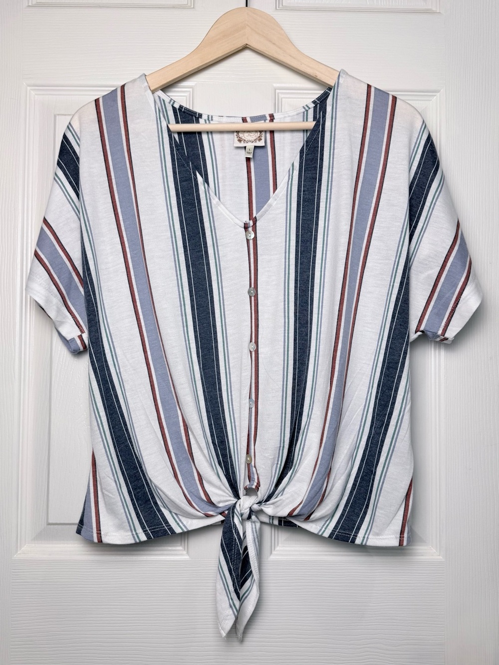 Striped V-Neck Tie-Front Short Sleeve Tee in White, Navy & Rust